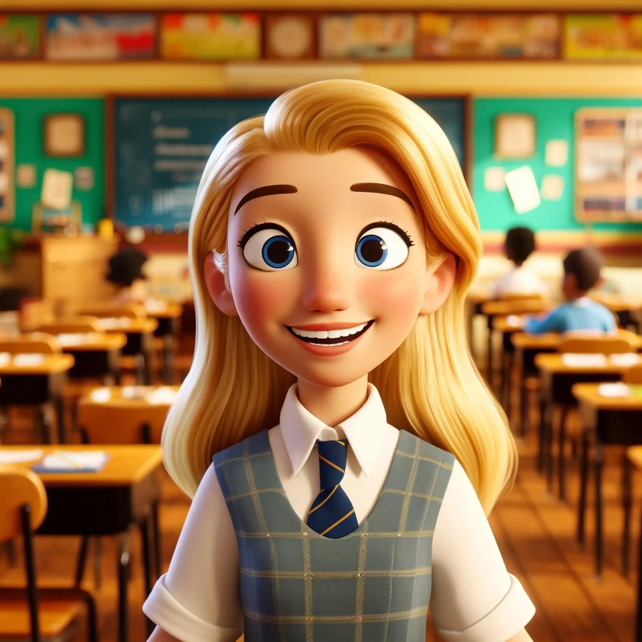 AI-generated animated character of a smiling woman in a classroom setting